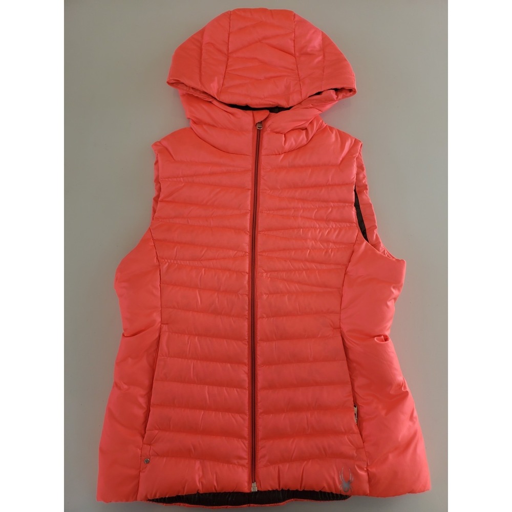 Spyder Womens Neon Highlighter Pink Hooded Down Puffer Vest Small